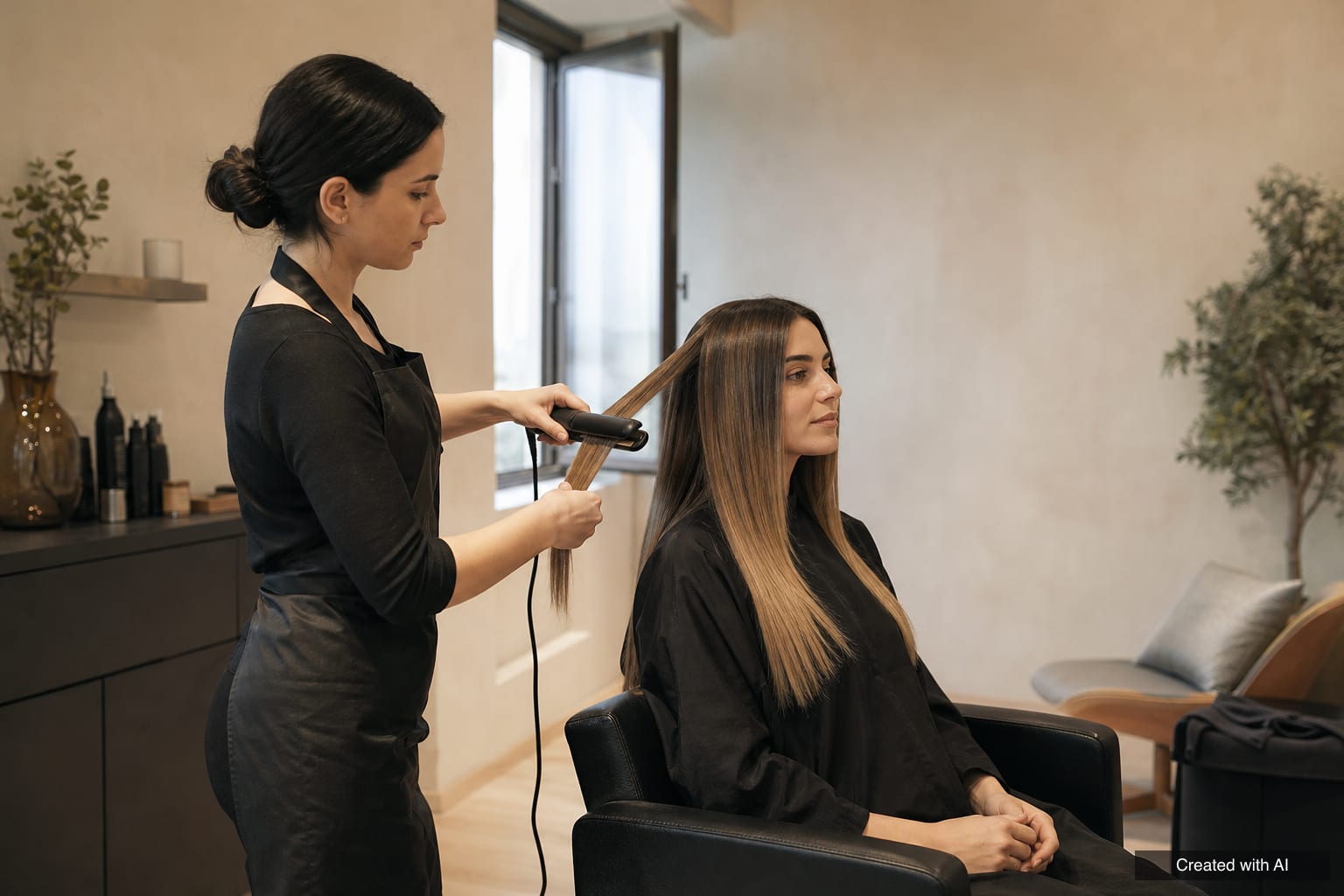 Stylist passing a flat iron down a smooth section of a client's hair next to an open window