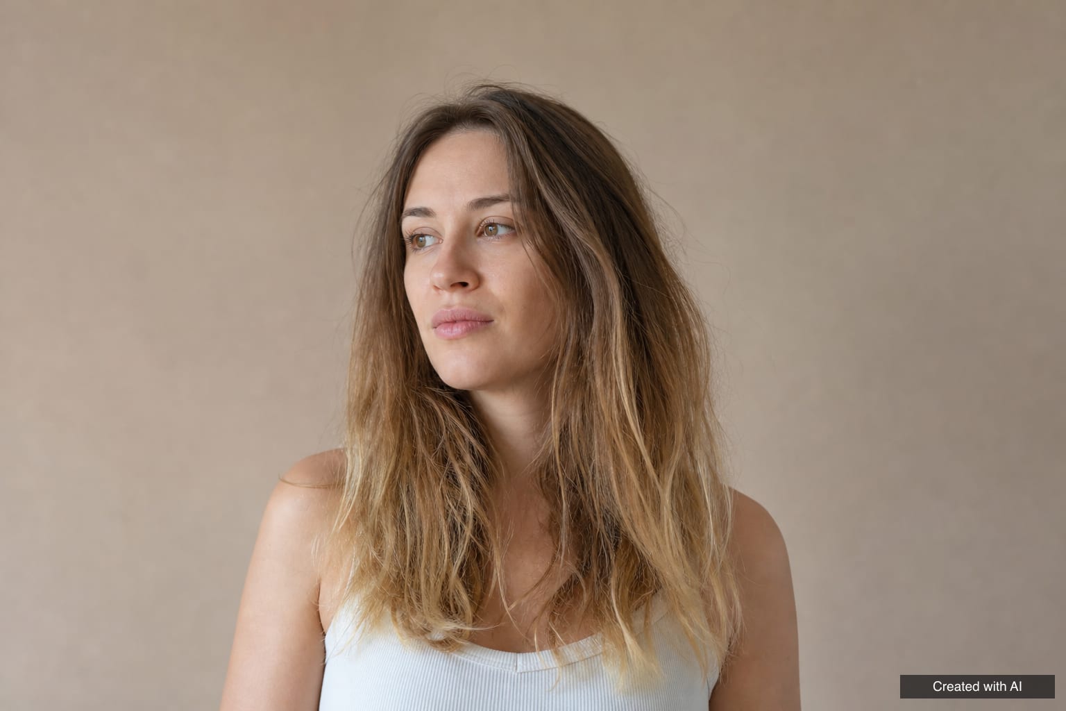 Woman with mid-length dark blonde hair before hair botox: dry, dull lengths and frizzy ends