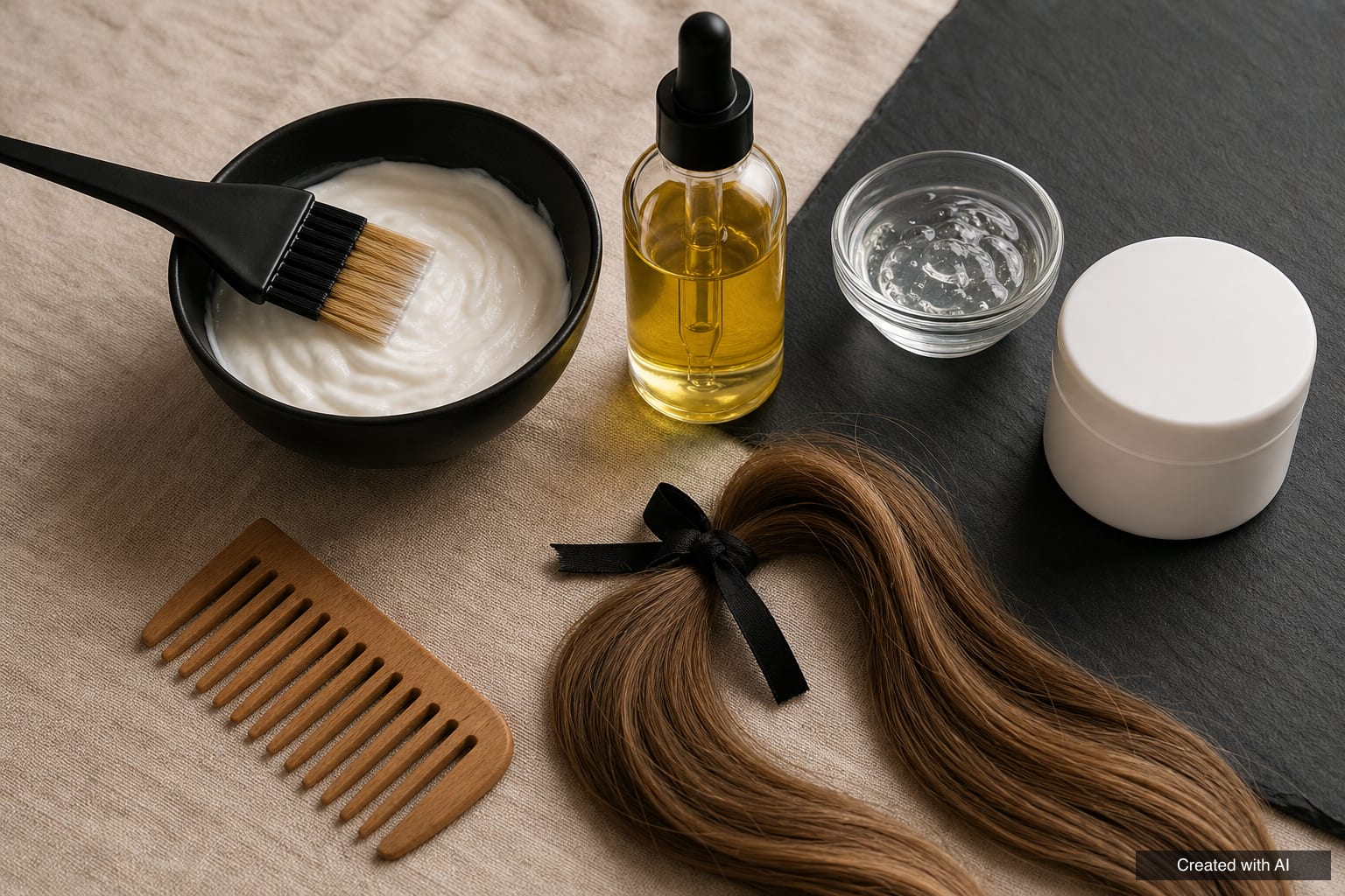 Black bowl of white cream with a tint brush, glass dropper bottle of oil, clear gel, wooden comb and a lock of hair