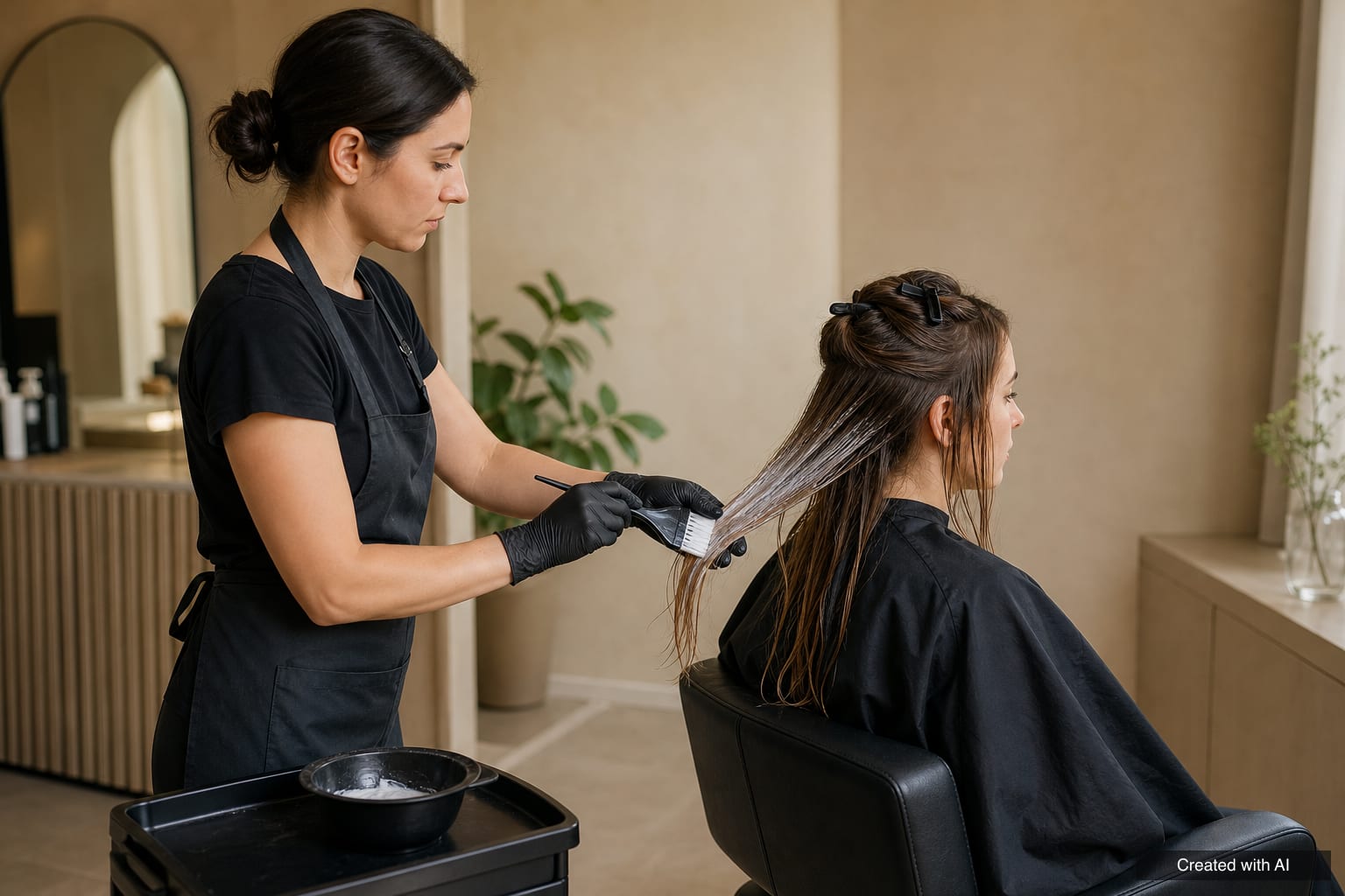 Stylist in black gloves applying a creamy treatment with a tint brush to a section of a client's damp hair