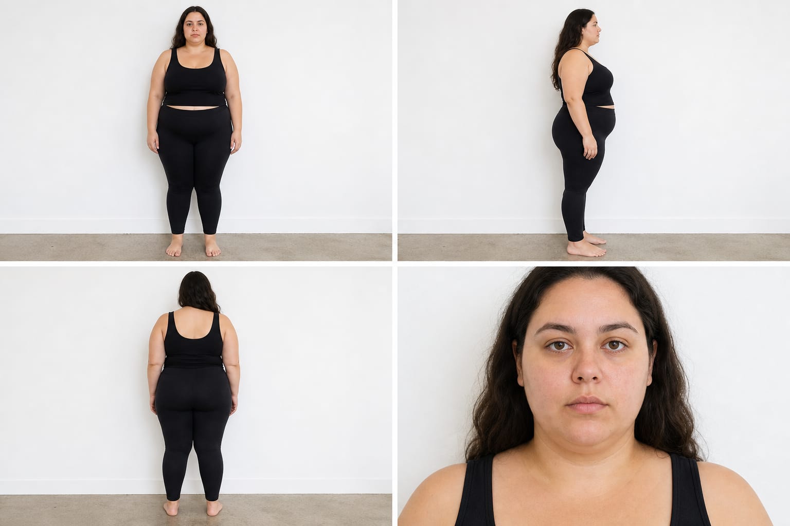 Four plain digitals: front, side, back and a face portrait