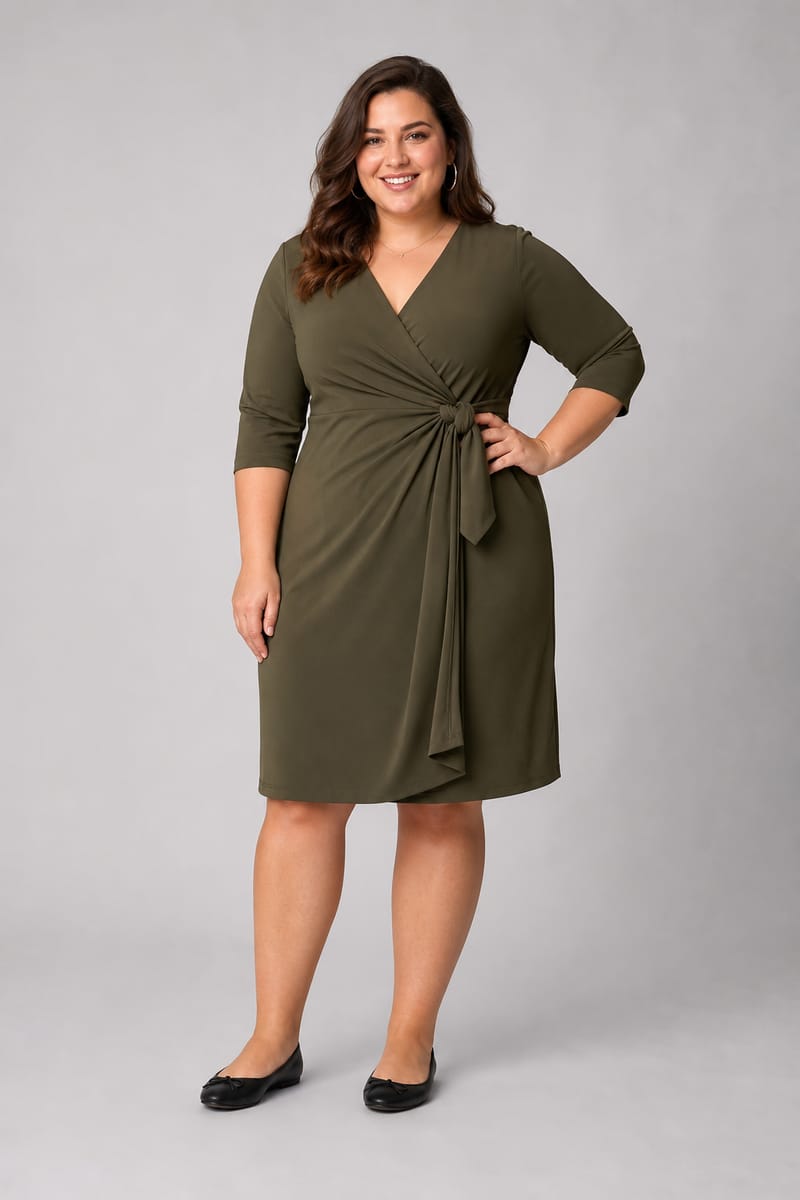A plus size model in a dark olive wrap day dress