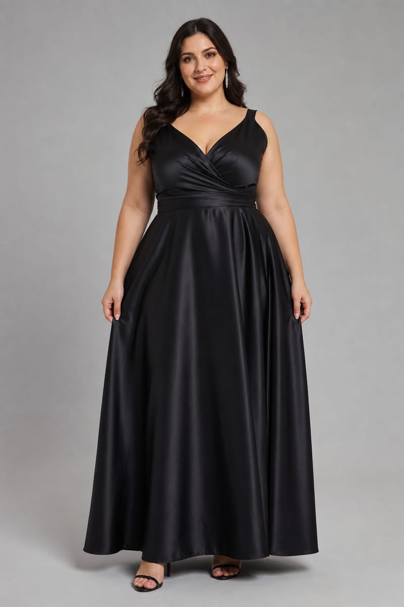 A plus size model in a long black satin evening dress