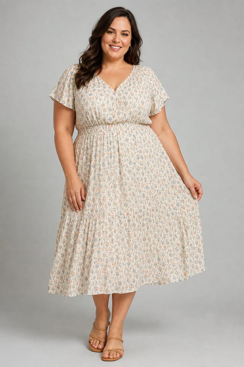 A plus size model in a light summer midi dress