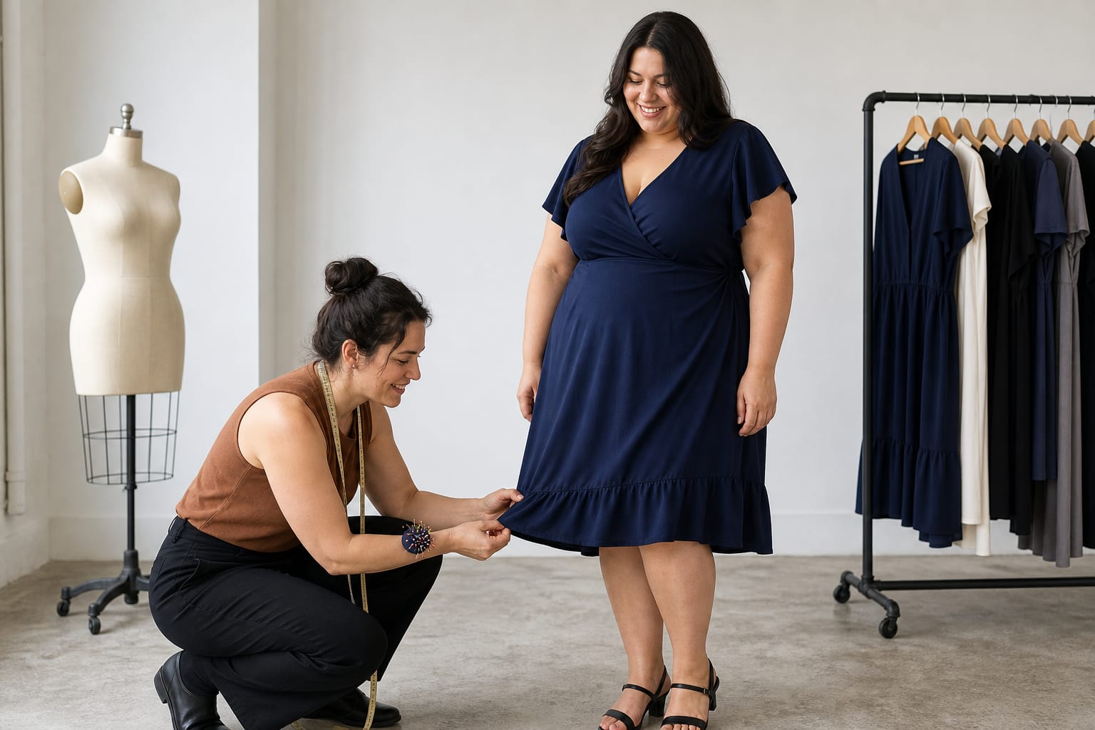 A seamstress pinning the hem of a dress on a plus size model during a fitting