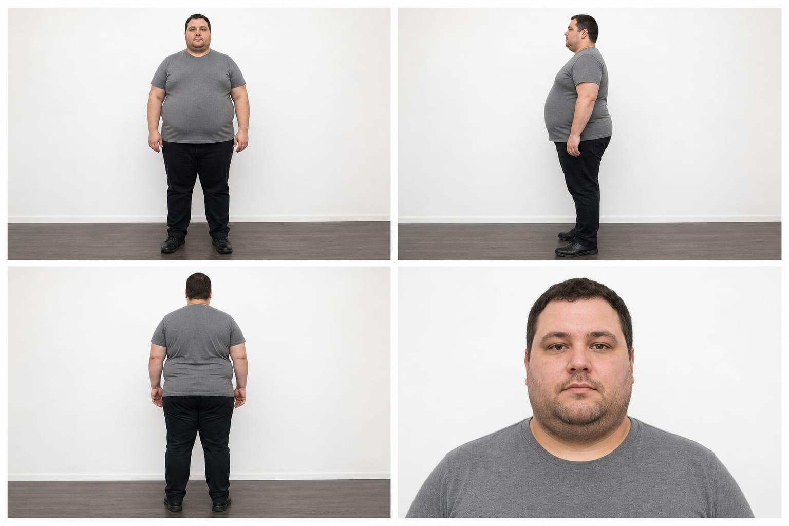 Four plain digitals of a man: front, side, back and a face portrait