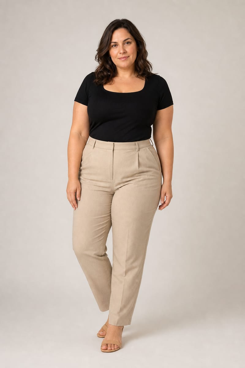Plus size model standing with her weight on one leg in a gentle S-curve