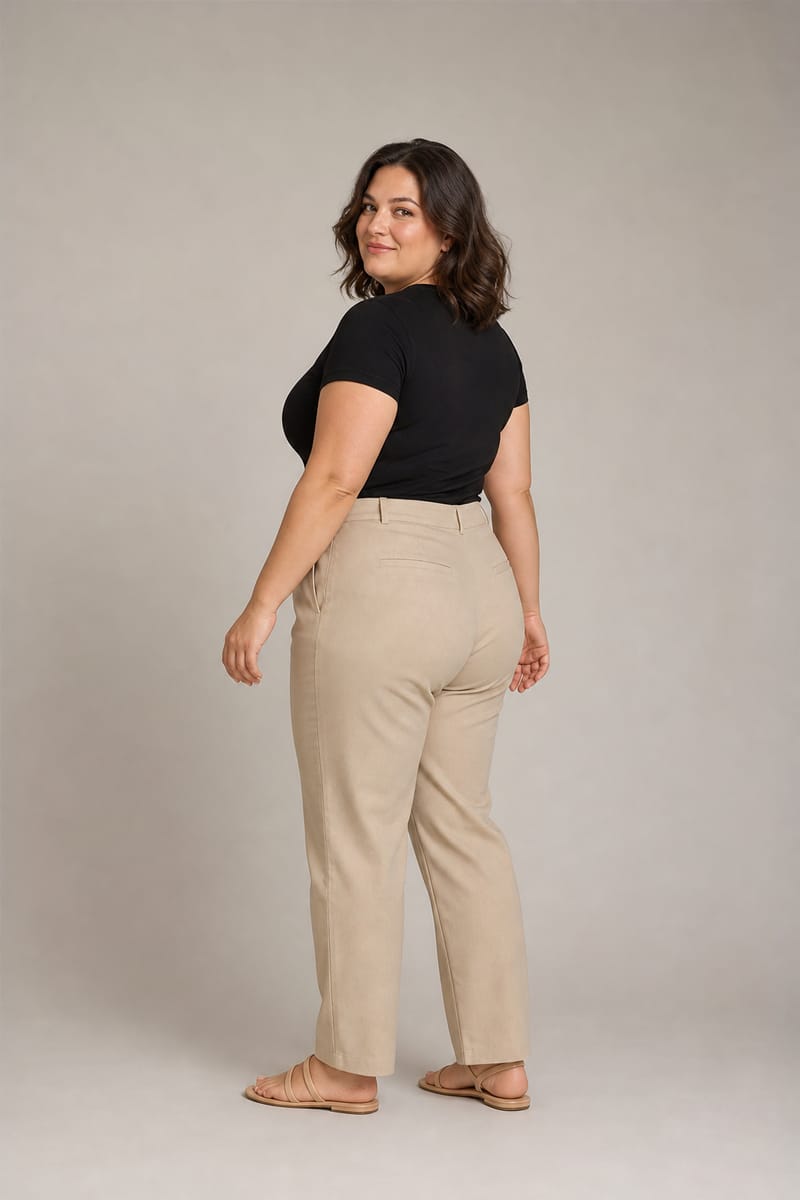 Plus size model turned three-quarters with her face back to the camera