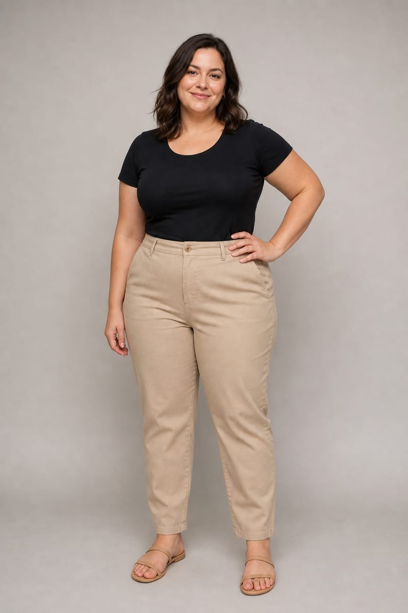 Plus size model with one hand on her hip and the elbow slightly back