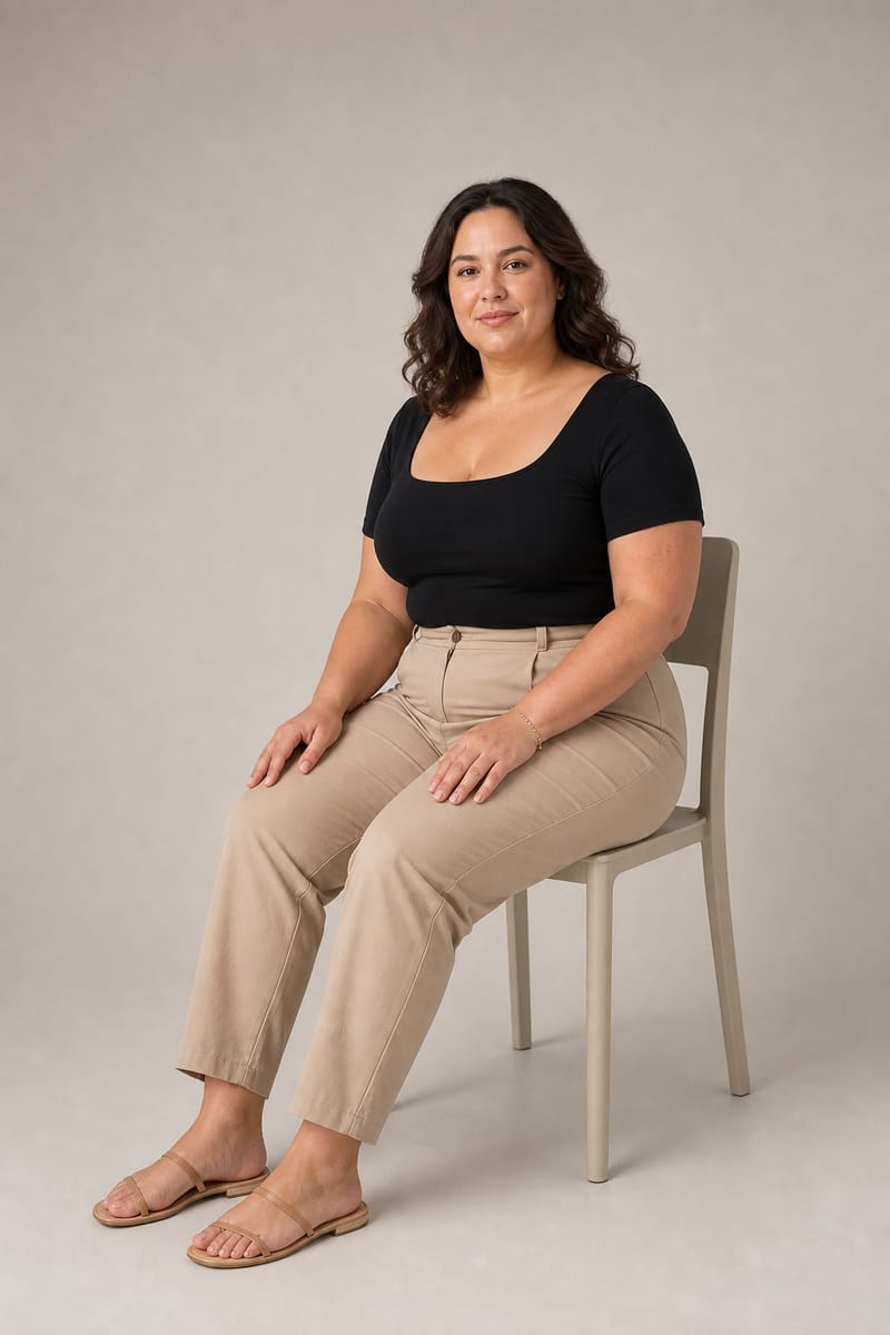 Plus size model seated on the edge of a chair with a long back