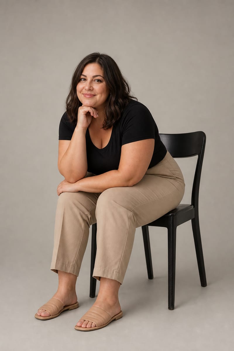 Plus size model seated and leaning forward with an elbow on her knee