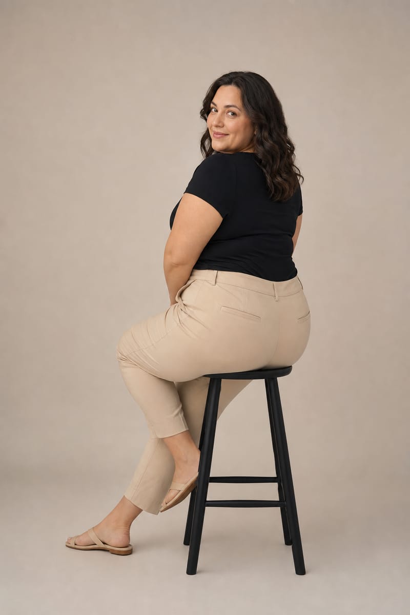 Plus size model seated sideways to the camera on a stool