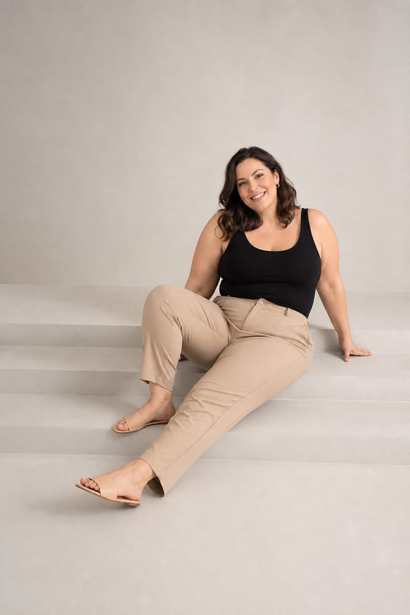 Plus size model sitting on steps with one leg extended