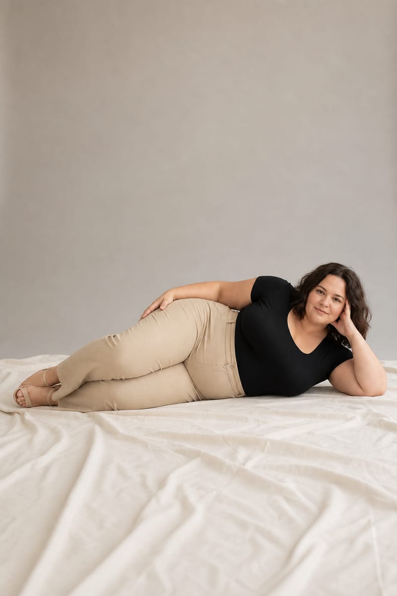 Plus size model lying on her side with her head on her hand