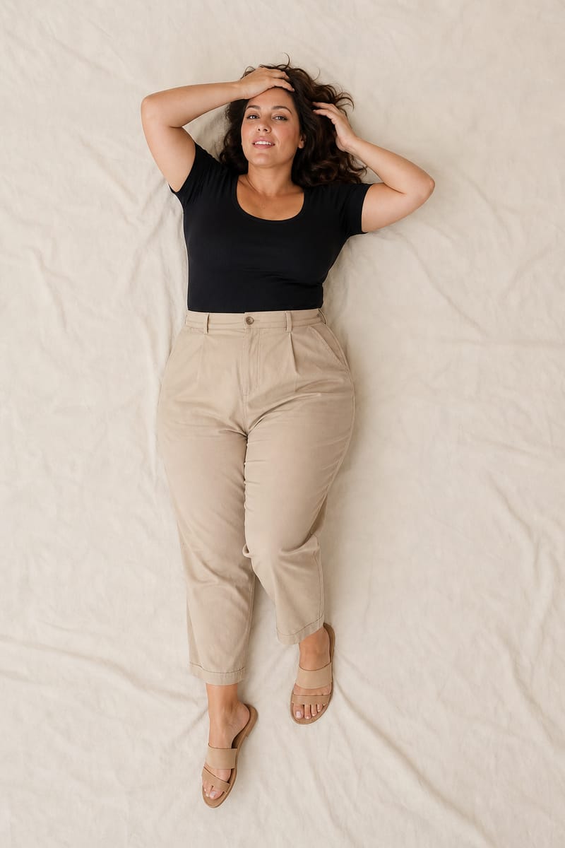 Plus size model lying on her back, photographed from above