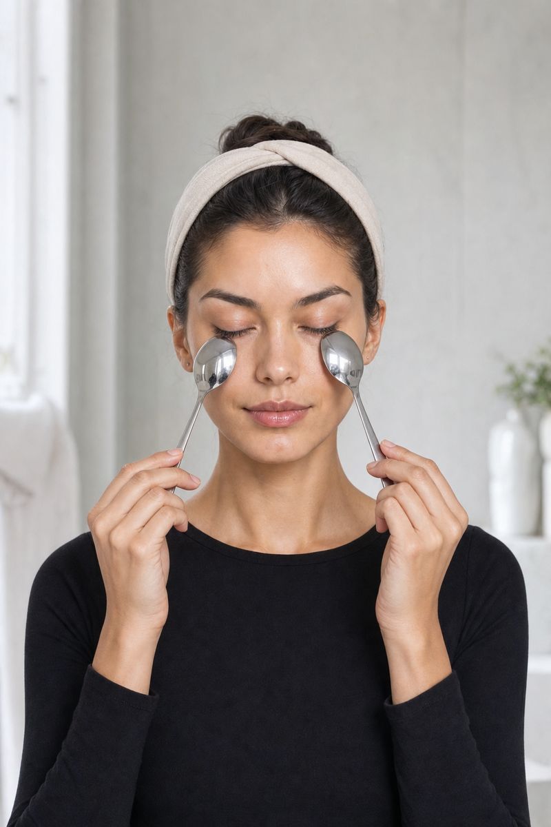 Cold for puffy eyes Cold teaspoons on the under-eye area