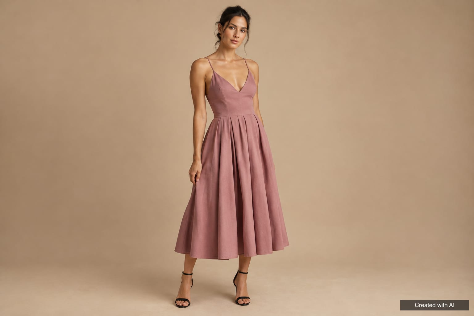 Woman with an inverted-triangle figure in a dusty-rose crepe dress with a deep V neckline, thin straps and a pleated midi skirt
