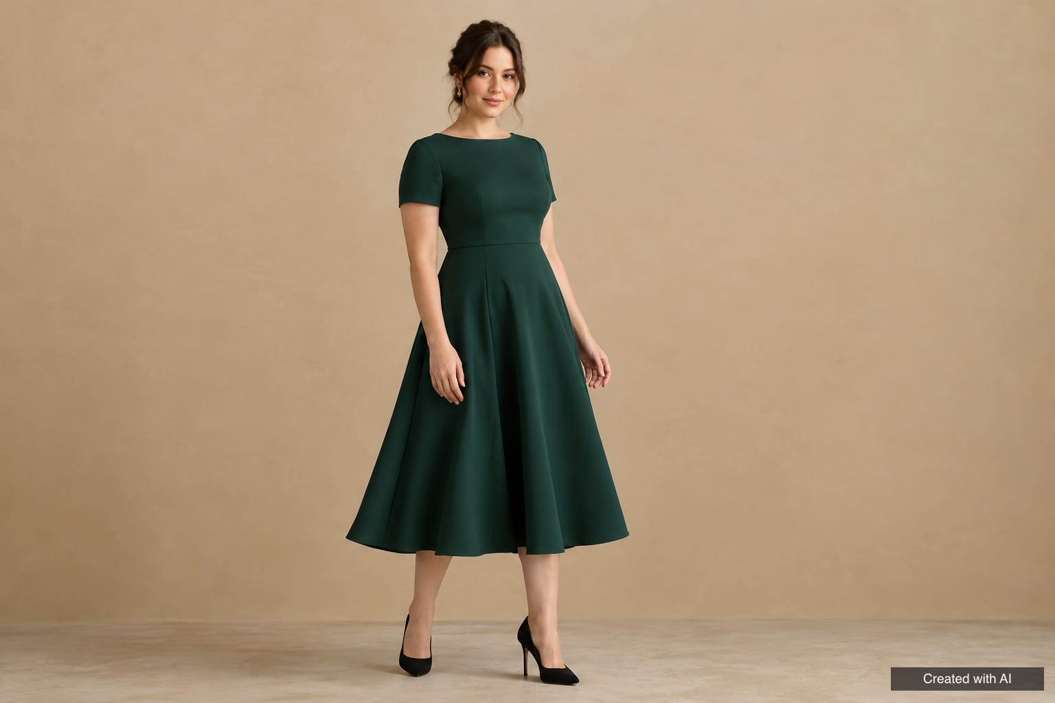 Woman with a pear-shaped figure in a dark green A-line midi dress with a boat neckline and short sleeves