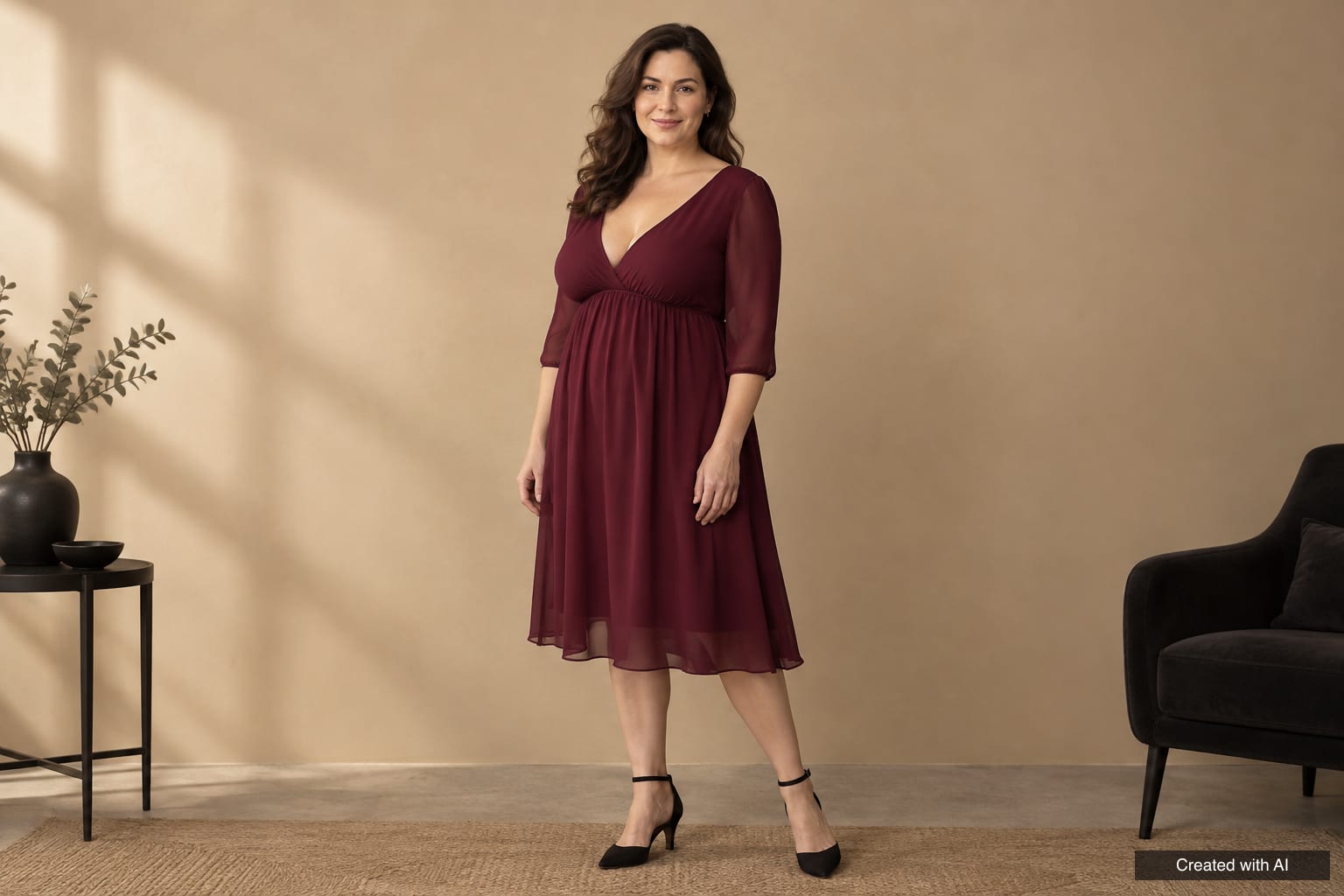 Woman with an apple-shaped figure in a burgundy chiffon empire-waist dress with a V neckline and three-quarter sleeves