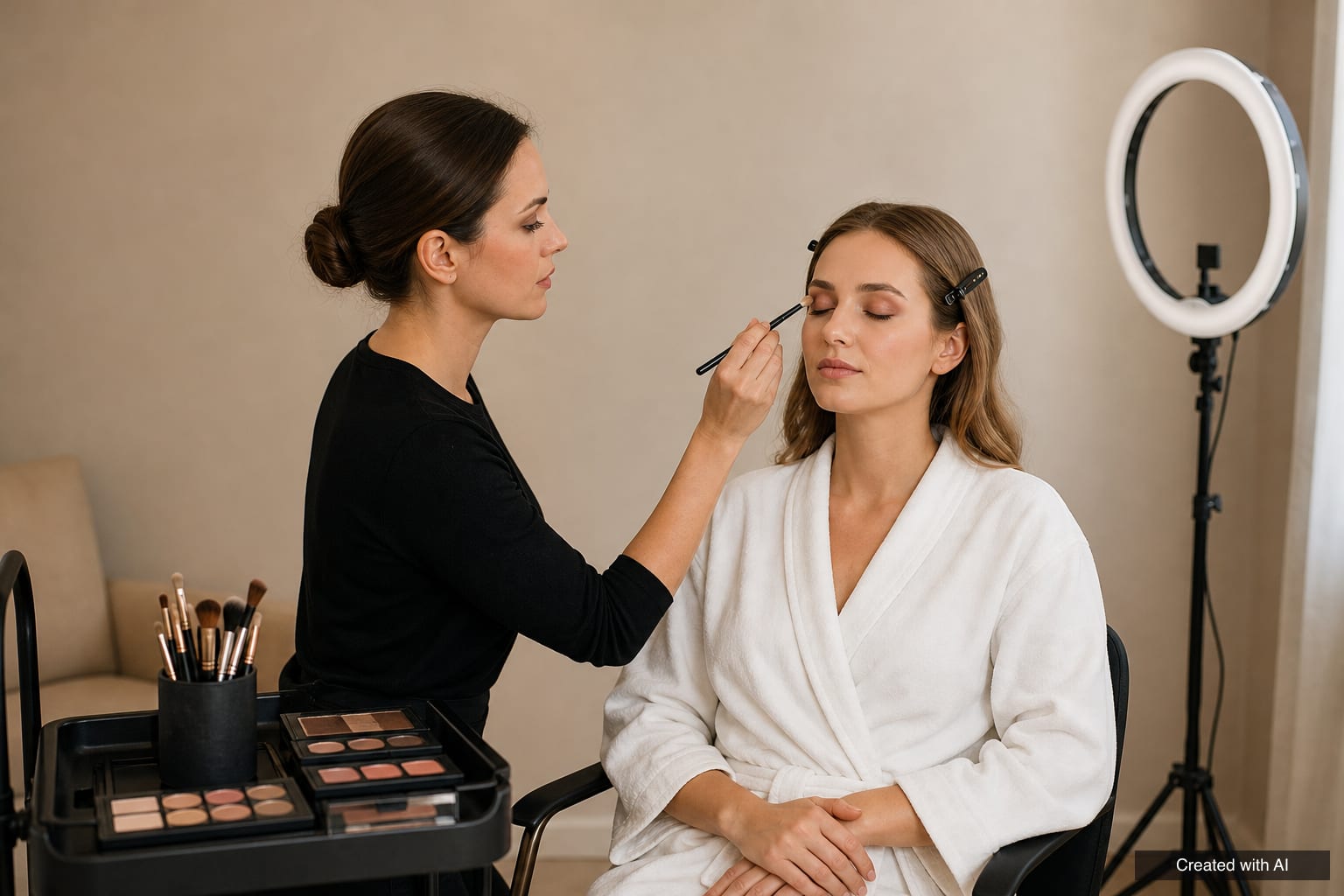 Occasion makeup with a makeup artist A makeup artist in a studio applying eyeshadow with a brush to a client with closed eyes, a trolley with palettes and brushes beside them