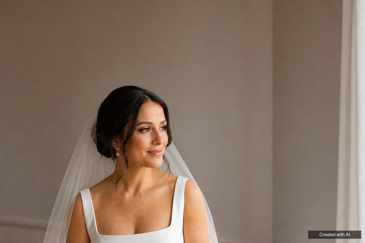 Bridal makeup A bride with a veil and soft long-wear makeup: even glowing skin, peach blush, warm brown shadow and a pink-nude lip
