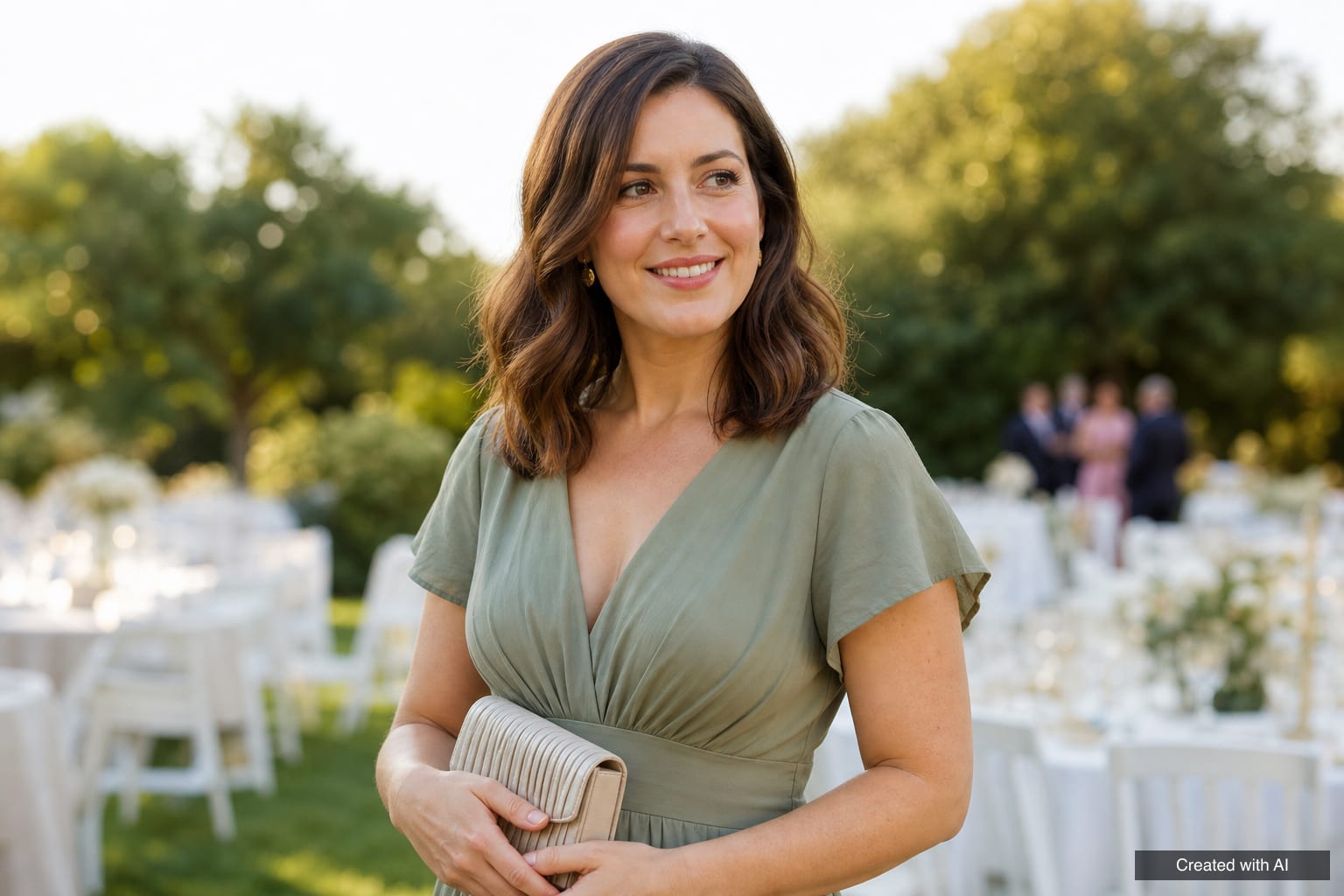 Wedding guest makeup A wedding guest in a sage green dress with soft daytime occasion makeup: rosy blush, mauve shadow and a sheer terracotta-rose lip