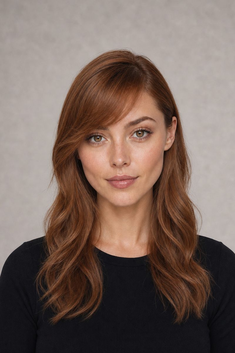 Diamond face shape: long hair with side-swept bangs Diamond face shape: long hair with side-swept bangs