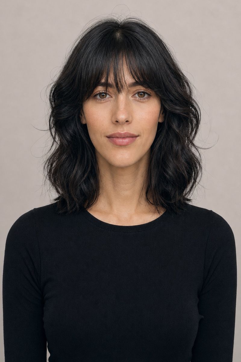 Oblong face Oblong face shape with shoulder-length hair and bangs