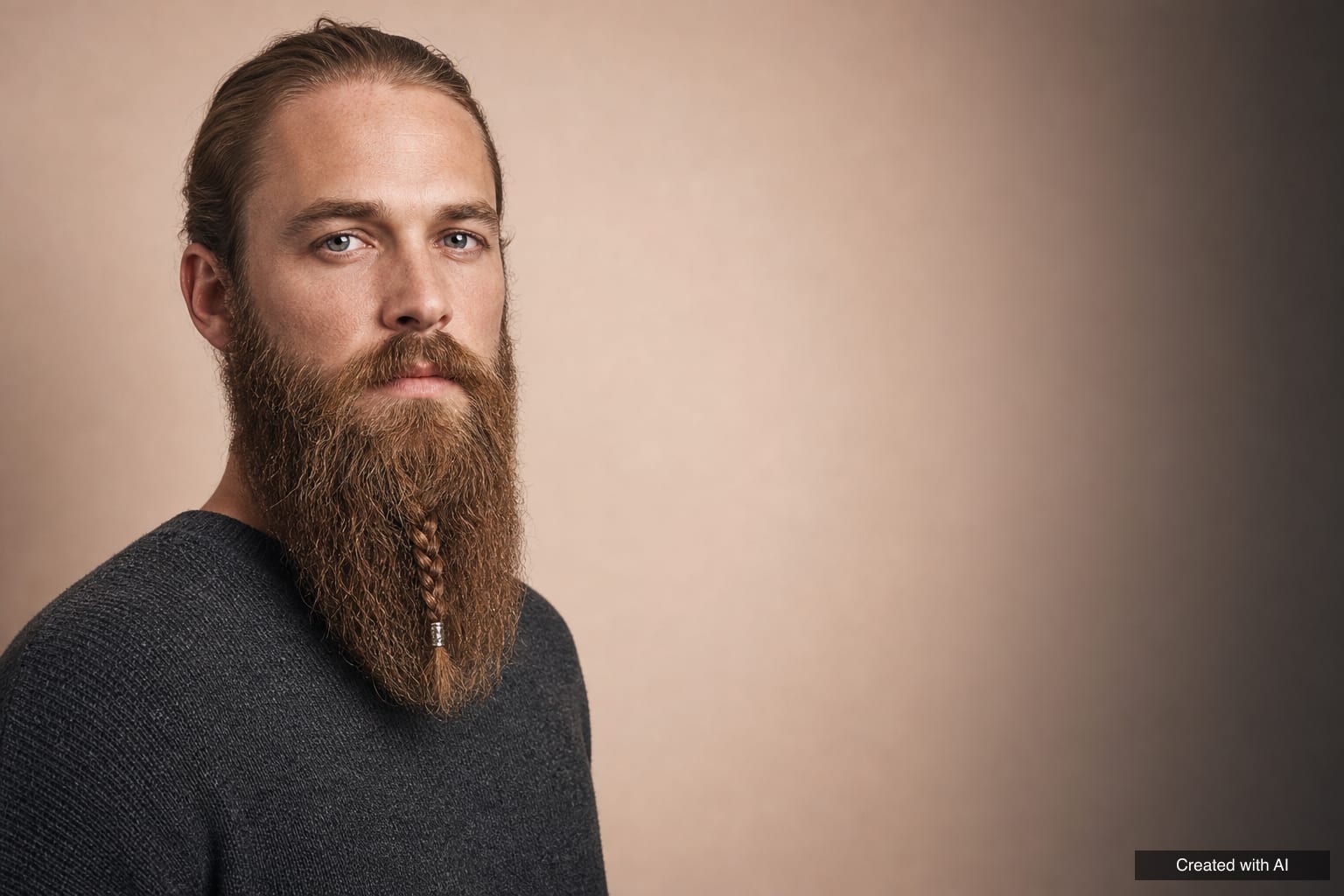 A man with a long full brown beard with one thin braid at the chin finished with a silver bead, against a nude studio backdrop