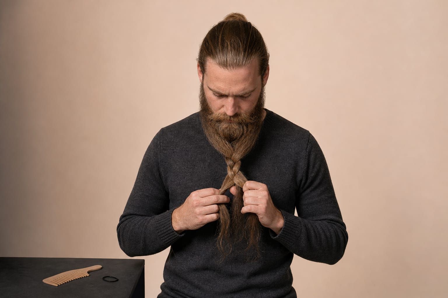 A man with a long beard looks down while splitting the front of his beard into three sections and crossing them into a braid, a wooden comb and a hair tie on the table