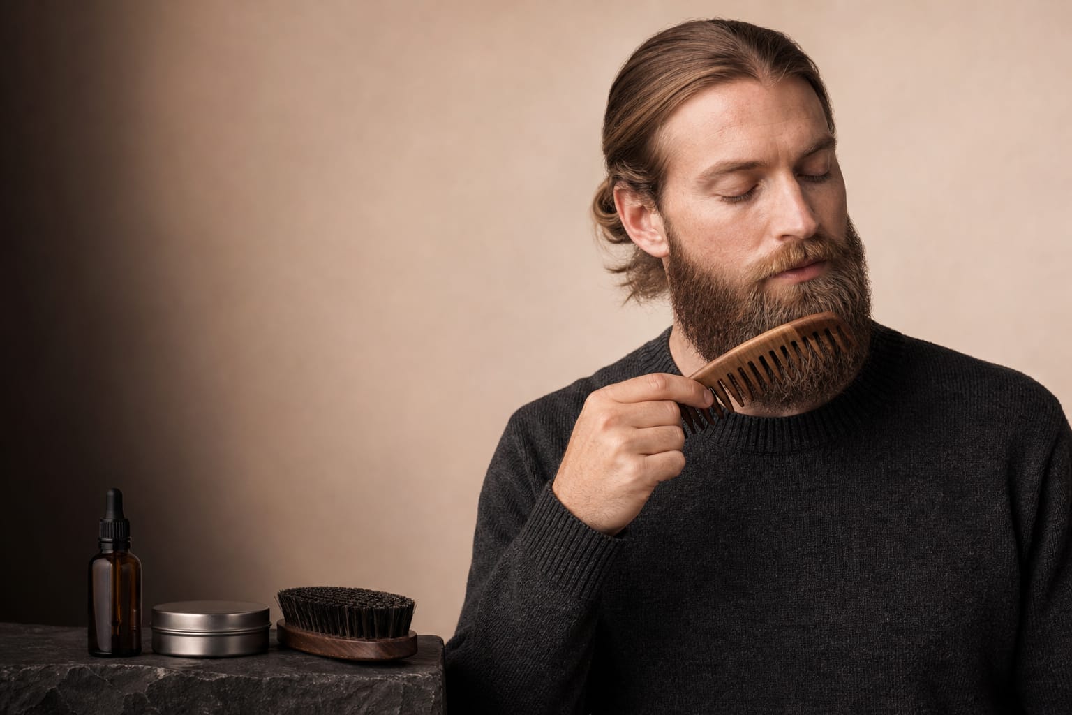 A man with a long beard combs it downward with a wooden comb, with an unlabelled dropper bottle, a tin and a bristle brush on the table