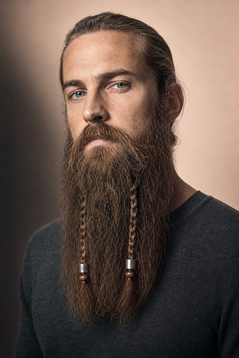 A man with a very long beard with two thin braids at the front finished with plain silver rings and a wooden bead