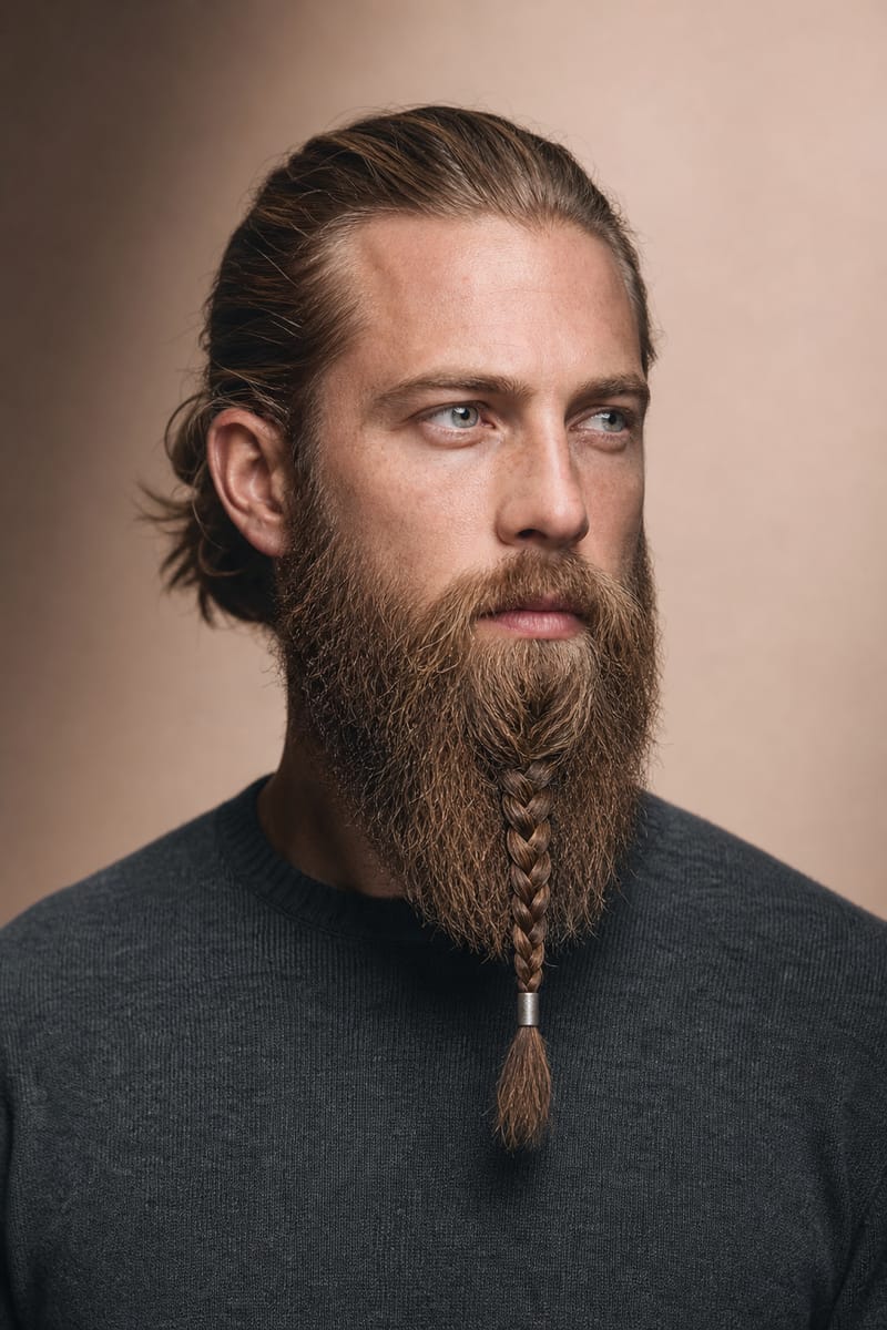 A man with a long beard with one neat three-strand braid down the centre of the chin, finished with a small silver bead
