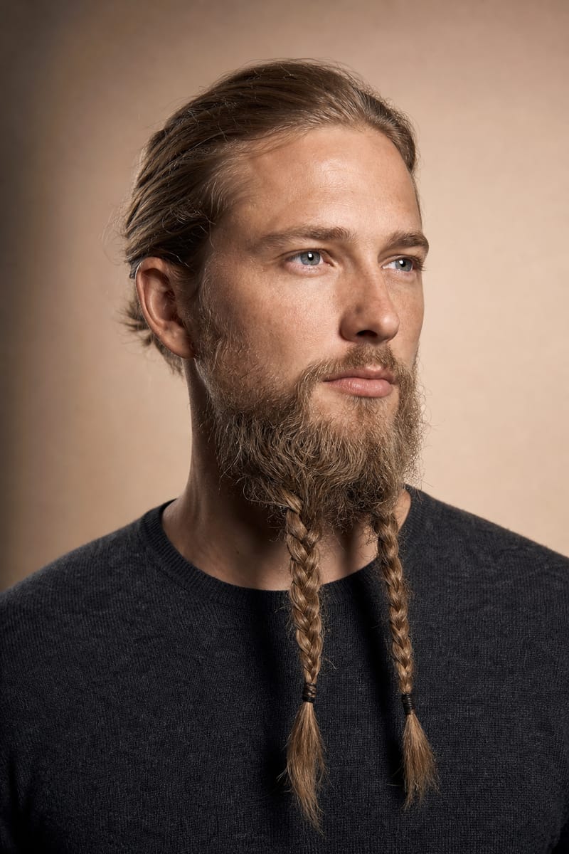 A man with a long beard split into two braids hanging from each side of the chin, tied with thin leather cord