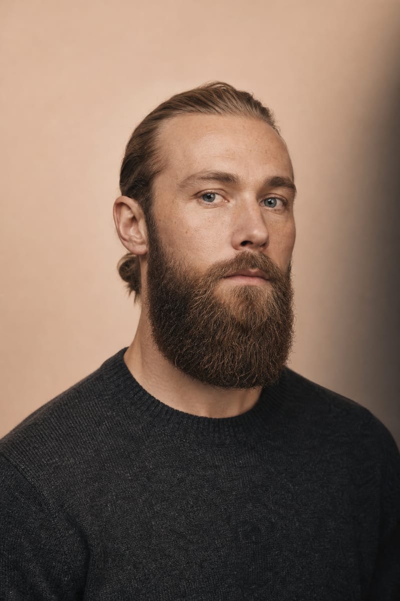 A man with a full natural beard about 12 cm long, rounded at the bottom, moustache trimmed above the lip