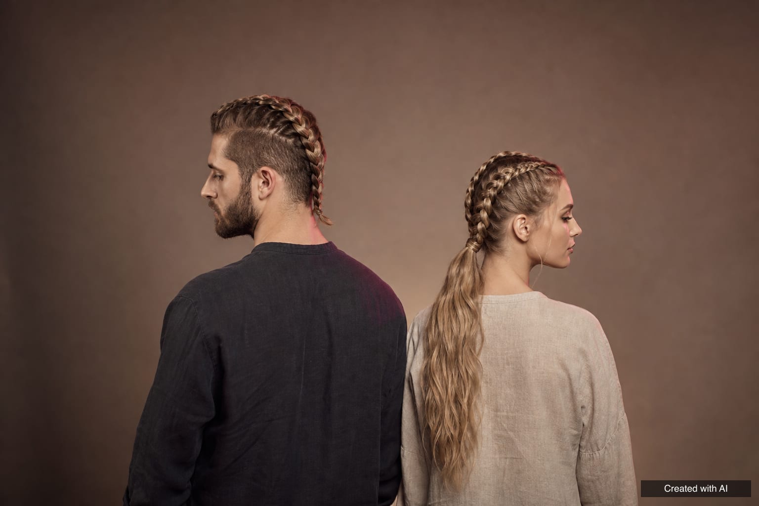 Viking braids for men and women A man with an undercut braid and a woman with two Dutch braids joined into a long ponytail, both seen from behind against a beige backdrop