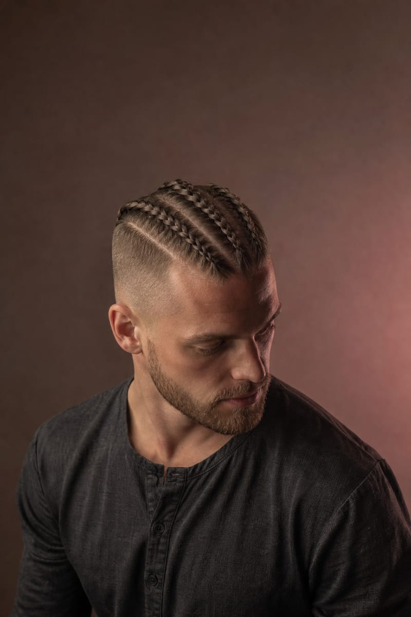 Short-hair viking braids Man with faded sides and three small flat braids running along the top of his short hair