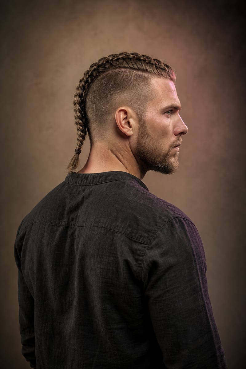 Undercut braid Man seen from behind and slightly to the side with clipped sides and a single braid running from the forehead to the nape