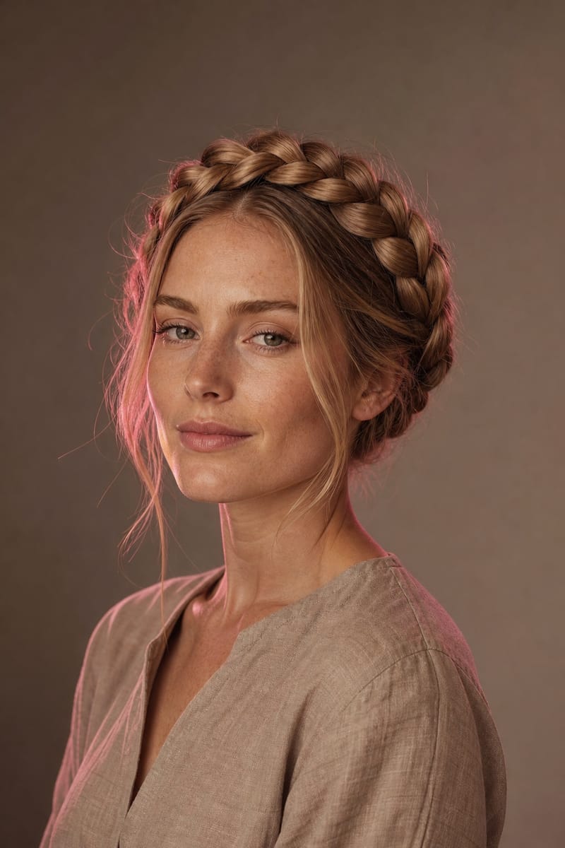Crown braid Woman facing the camera with a thick braid wrapped around her head like a halo and a few loose strands framing the face