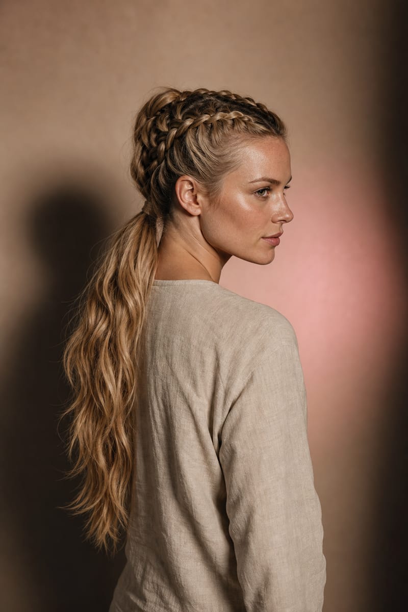 Two Dutch braids into a ponytail Woman seen in profile from behind with two raised braids from the hairline joining into a long high ponytail