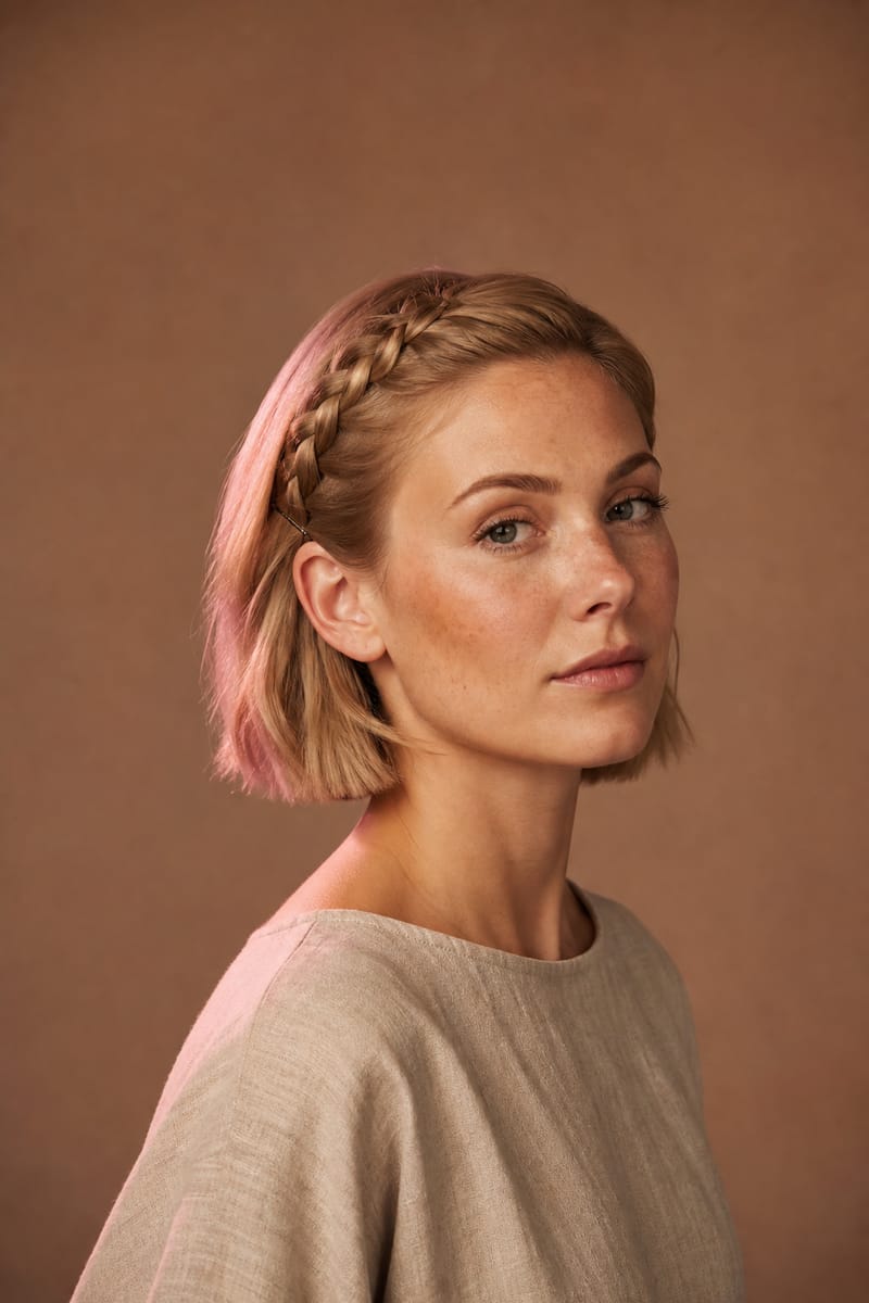 Side braid on a bob Woman with a chin-length bob and a single braid running along the side of her head above the ear
