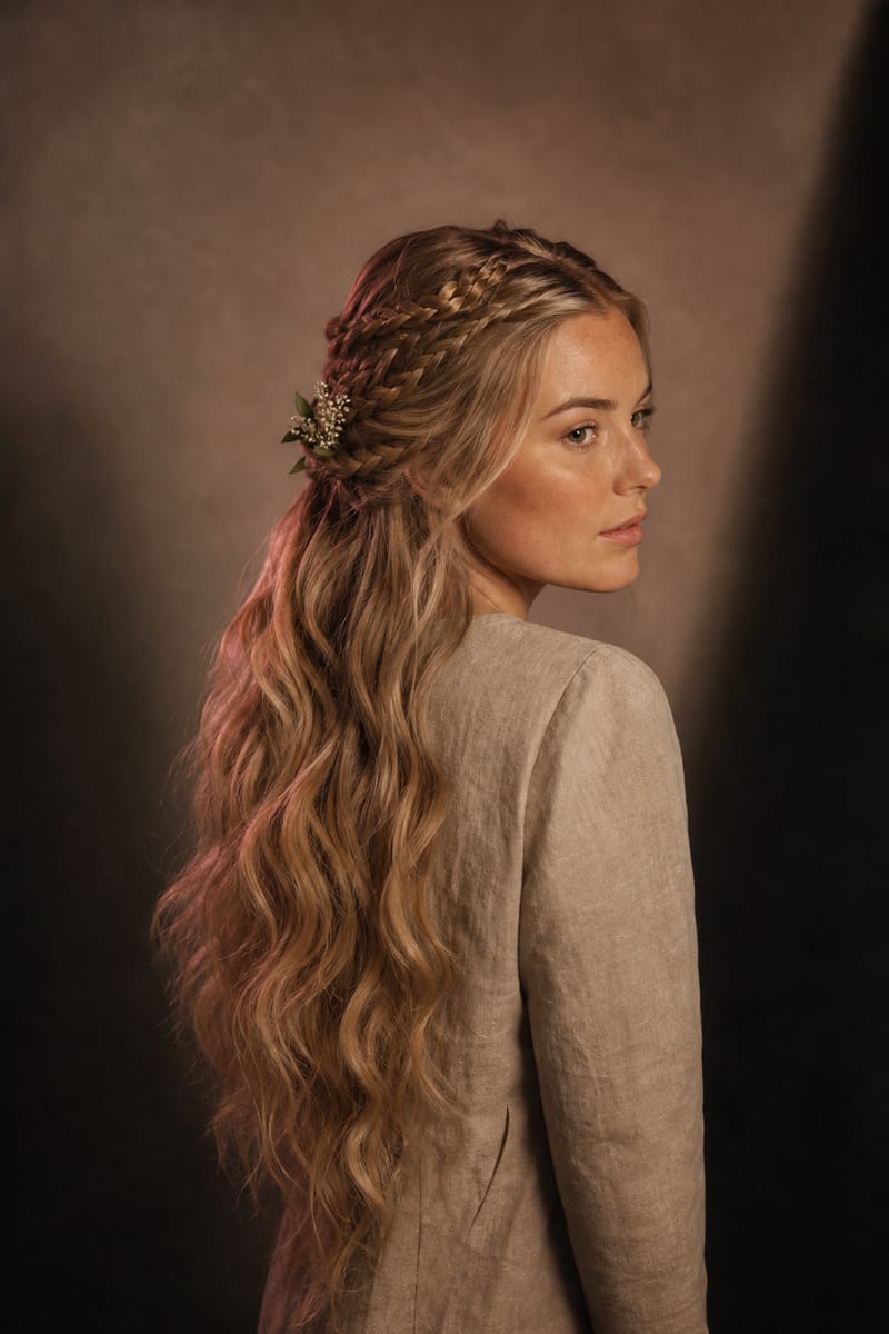 Viking-inspired wedding hair Woman seen from behind with long loose waves and thin braids gathered half-up, a small sprig of white heather tucked into the knot